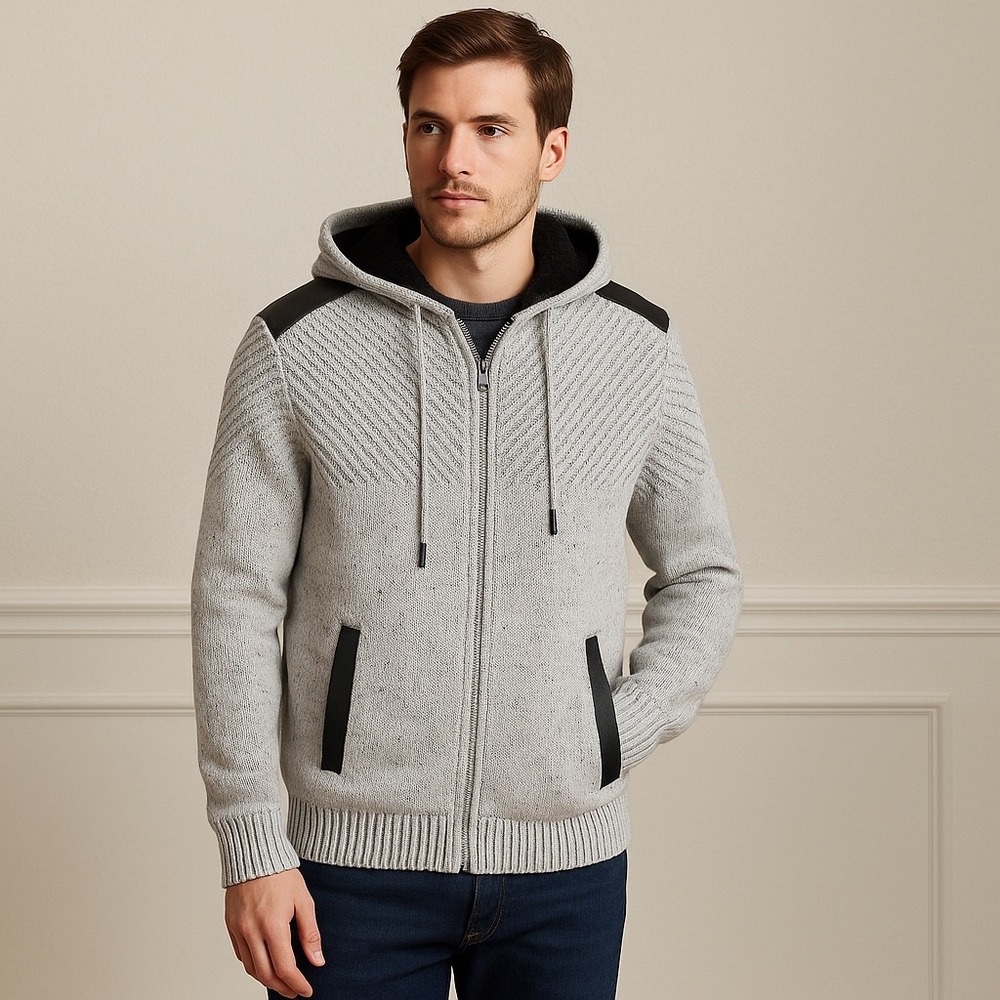 Nick Danger‎ Men's Gray Knit Zip Hoodie Sherpa Lined Faux Leather Trim Size M